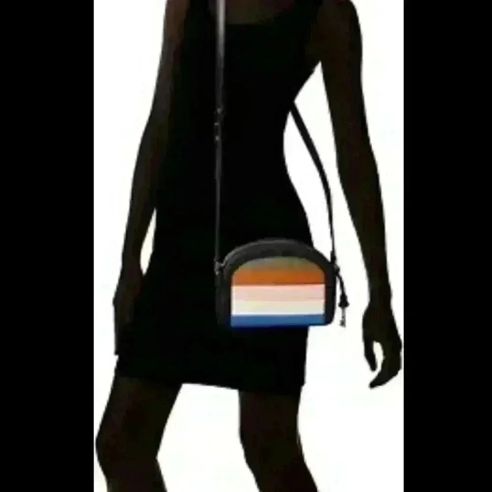Fossil Chelsea Navy Rainbow Striped Leather Crossbody Bag Purse.